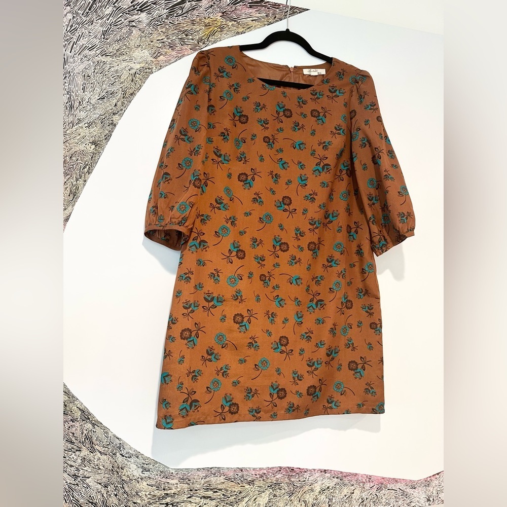 Forever 21 Boutique medium brown and teal flower mini 3/4 sleeve dress